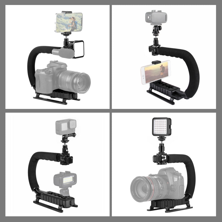 PULUZ U/C-förmiger tragbarer Hand-DV-Halterungsstabilisator + LED-Fülllicht-Kit mit Cold-Shoe-Stativkopf für alle Spiegelreflexkameras und Home-DV-Kameras, C-förmige Halterung + Fülllicht