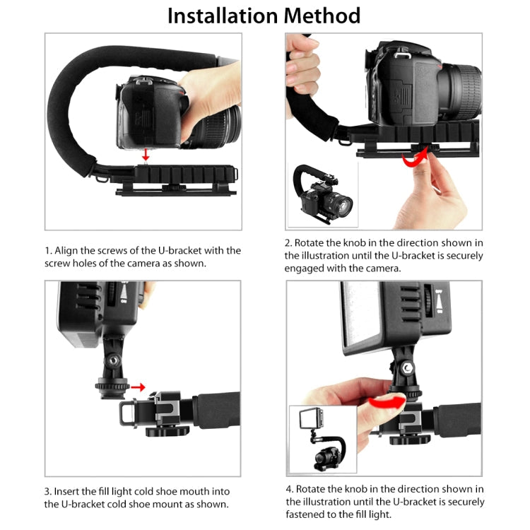 PULUZ U/C-förmiger tragbarer Hand-DV-Halterungsstabilisator + LED-Fülllicht-Kit mit Cold-Shoe-Stativkopf für alle Spiegelreflexkameras und Home-DV-Kameras, C-förmige Halterung + Fülllicht