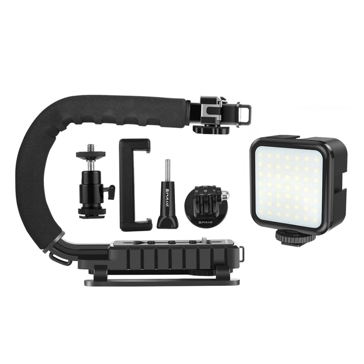 PULUZ U/C-förmiger tragbarer Hand-DV-Halterungsstabilisator + LED-Fülllicht-Kit mit Cold-Shoe-Stativkopf für alle Spiegelreflexkameras und Home-DV-Kameras, C-förmige Halterung + Fülllicht