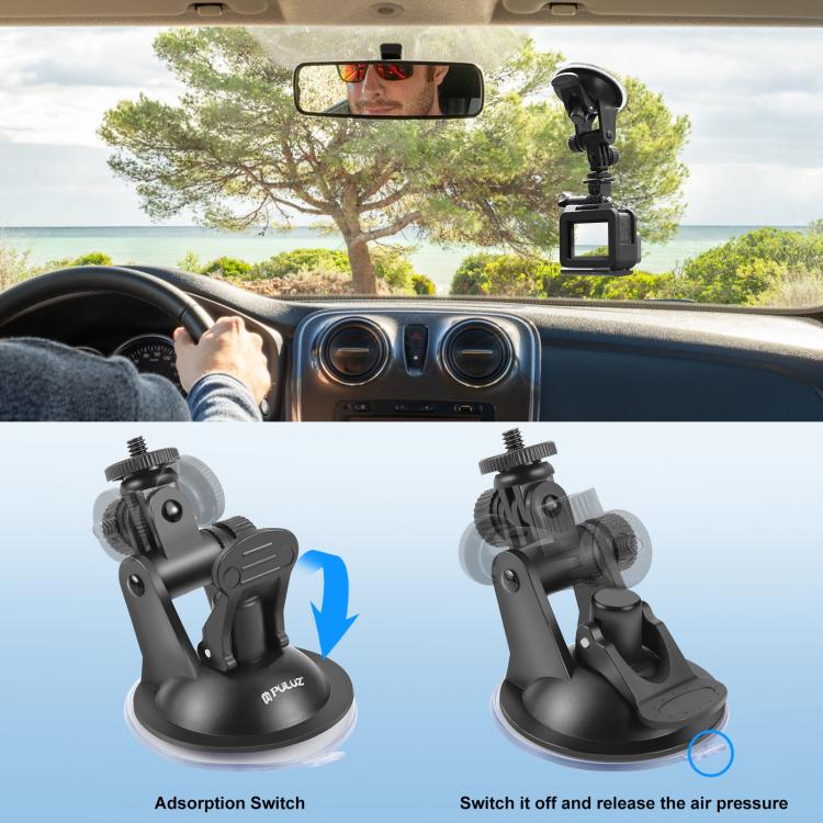 PULUZ Car Suction Cup Mount with Tripod Adapter & Storage Bag – Compatible with GoPro, Insta360 & DJI Action Cameras
