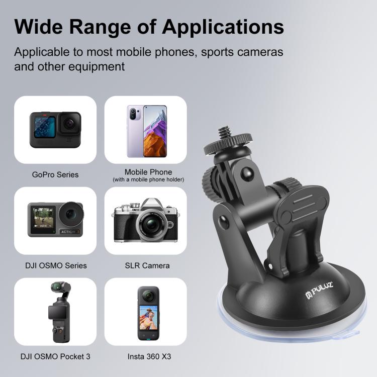 PULUZ Car Suction Cup Mount with Tripod Adapter & Storage Bag – Compatible with GoPro, Insta360 & DJI Action Cameras