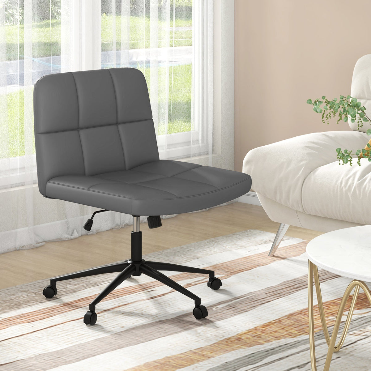 PU Leather Upholstered Cross-legged Office Chair with Wheels-Beige