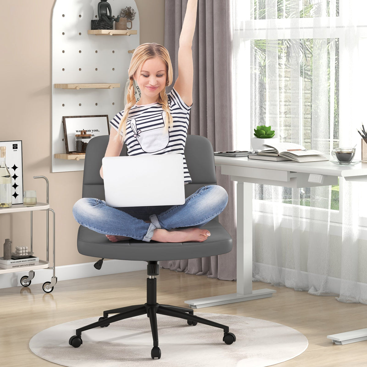 PU Leather Upholstered Cross-legged Office Chair with Wheels-Beige