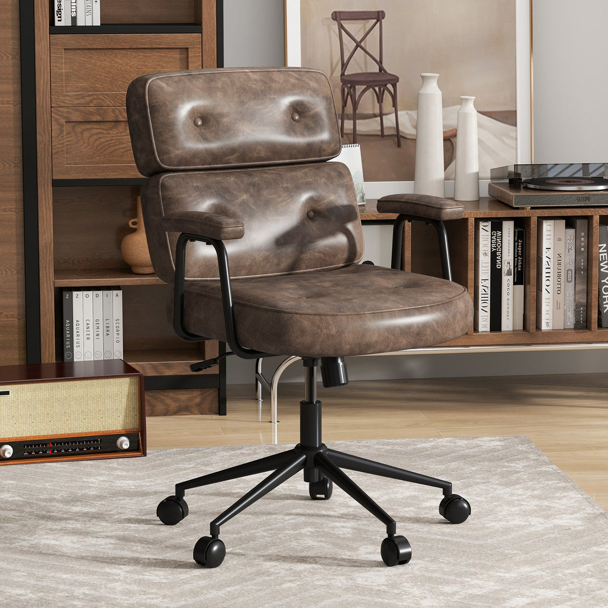 PU Leather Upholstered Office Chair with Button Tufted Back-Black