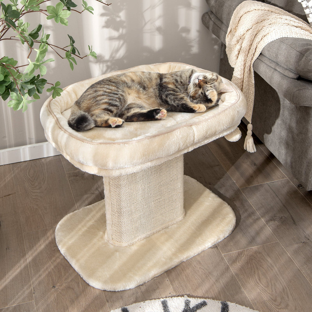 2-Tier Cat Tree with Sleeping Perch Sisal Scratching Plate and Ball-Beige