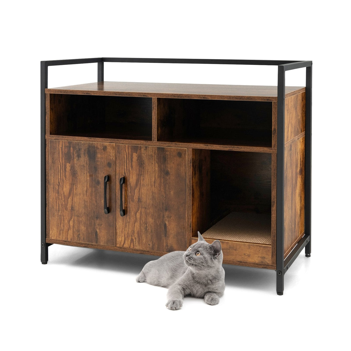 Wooden Cat Litter Box Enclosure with Compartment and Scratching Board-Black