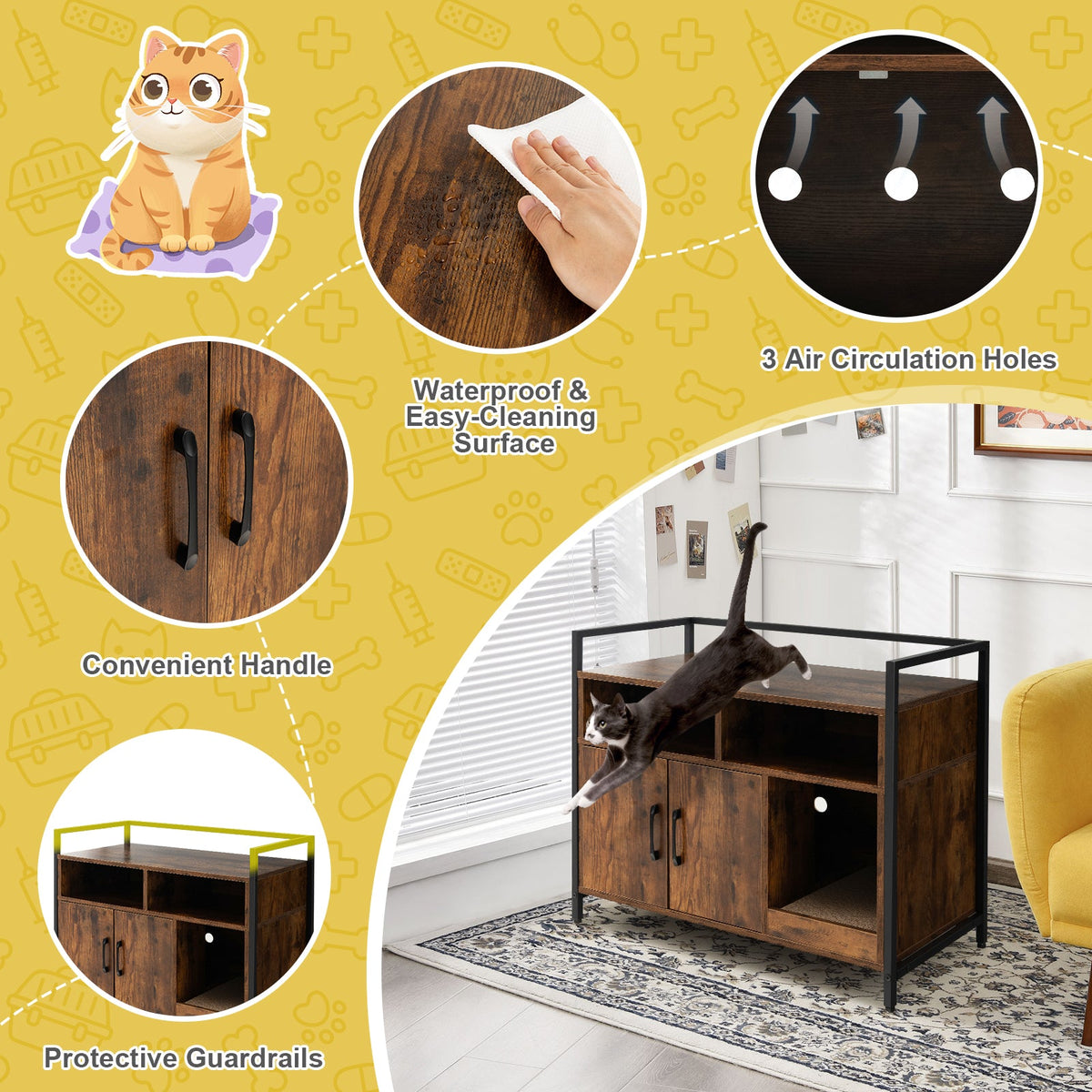Wooden Cat Litter Box Enclosure with Compartment and Scratching Board-Black