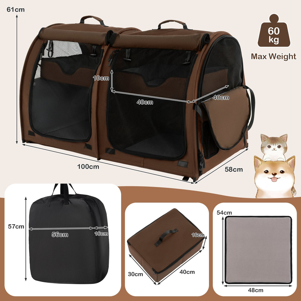 2 Compartments Pet Travel Carriers with Removable Hammocks and Mats-Black