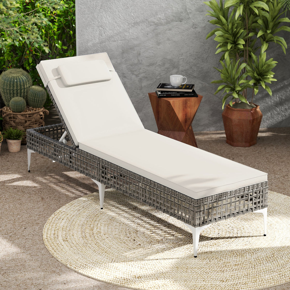 Patio Chaise Lounge PE Wicker Reclining Sun Lounger with 6-Level Adjustable Backrest-White-1 Piece