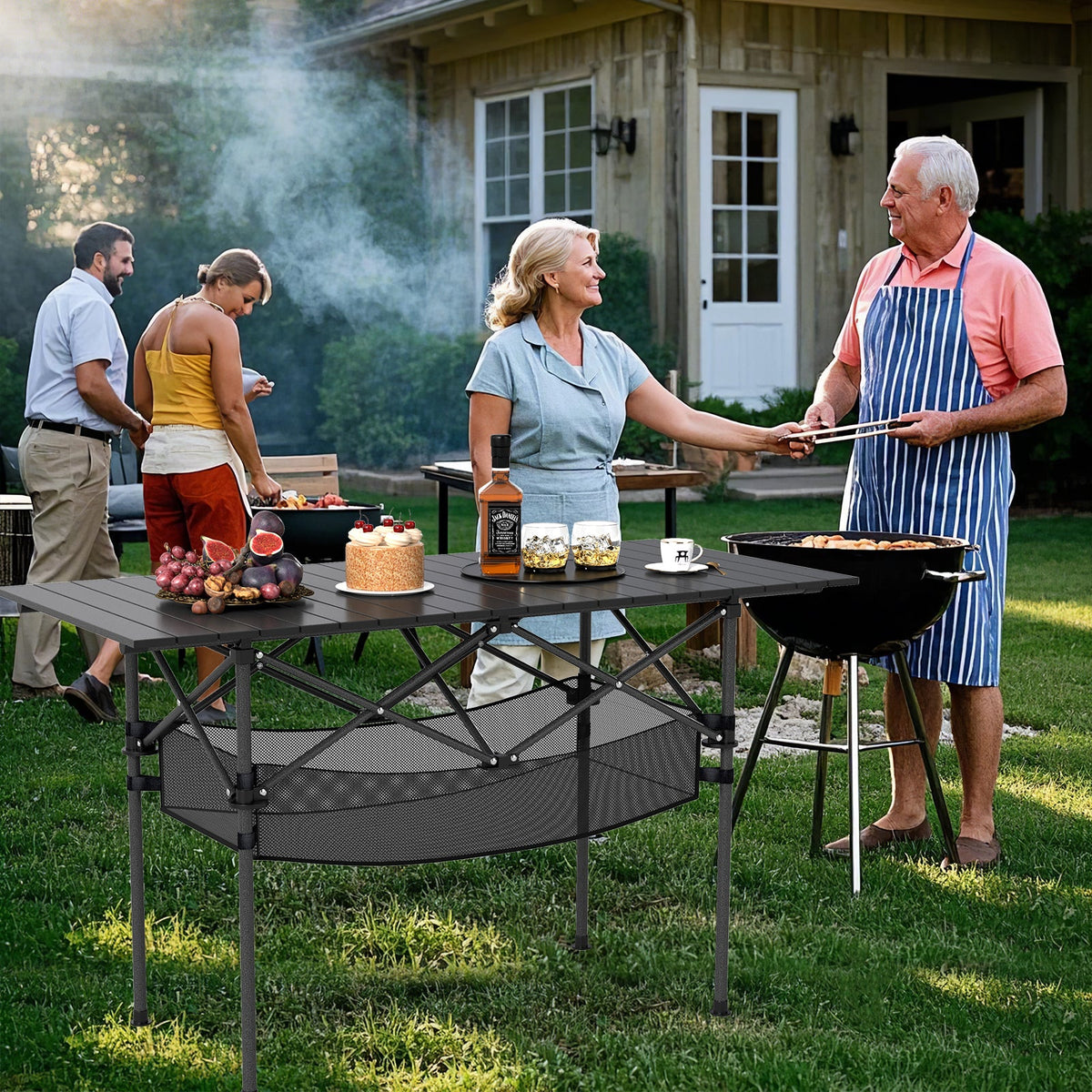 Patio Folding Camping Table Picnic Table with Aluminum Roll-up Tabletop-Black