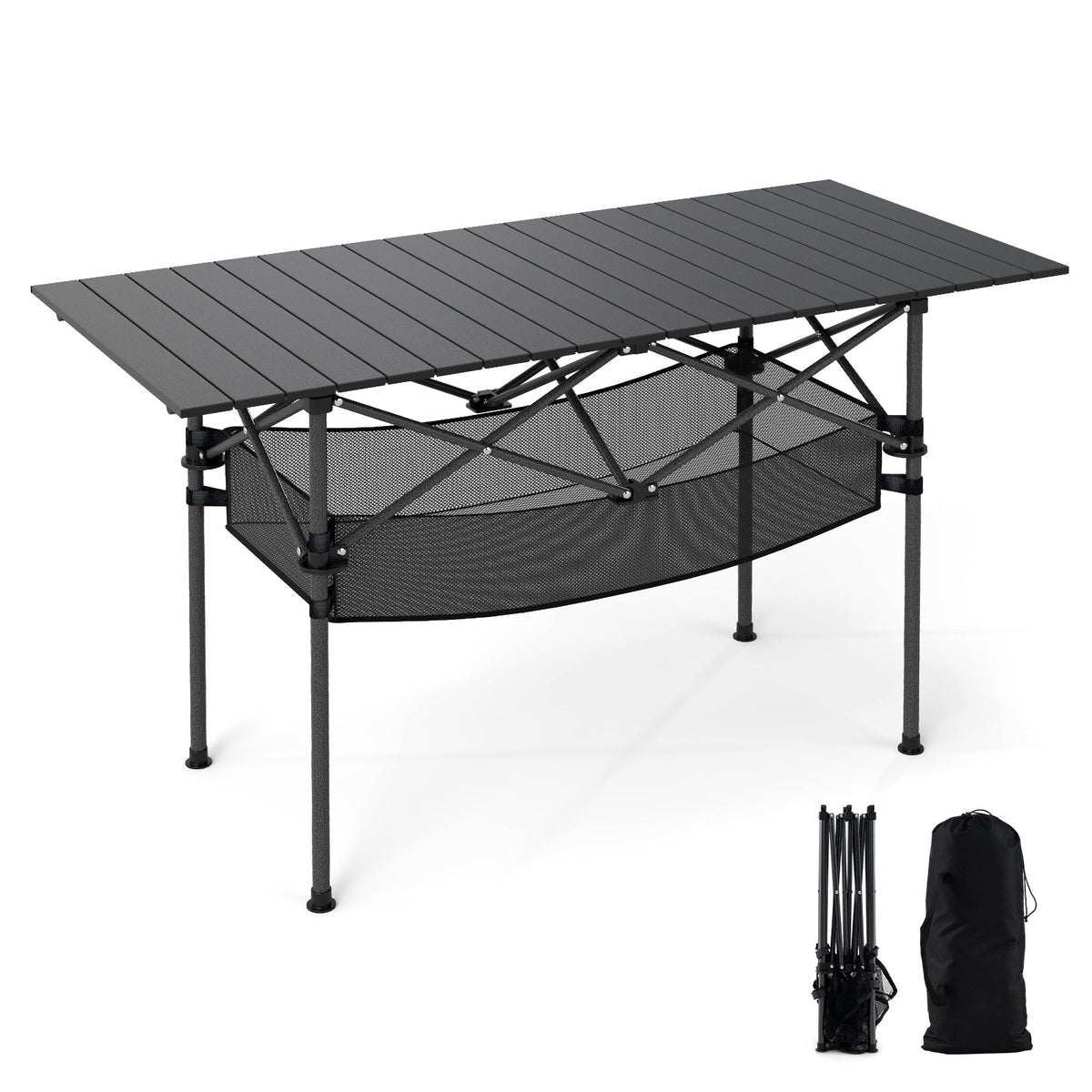 Patio Folding Camping Table Picnic Table with Aluminum Roll-up Tabletop-Black