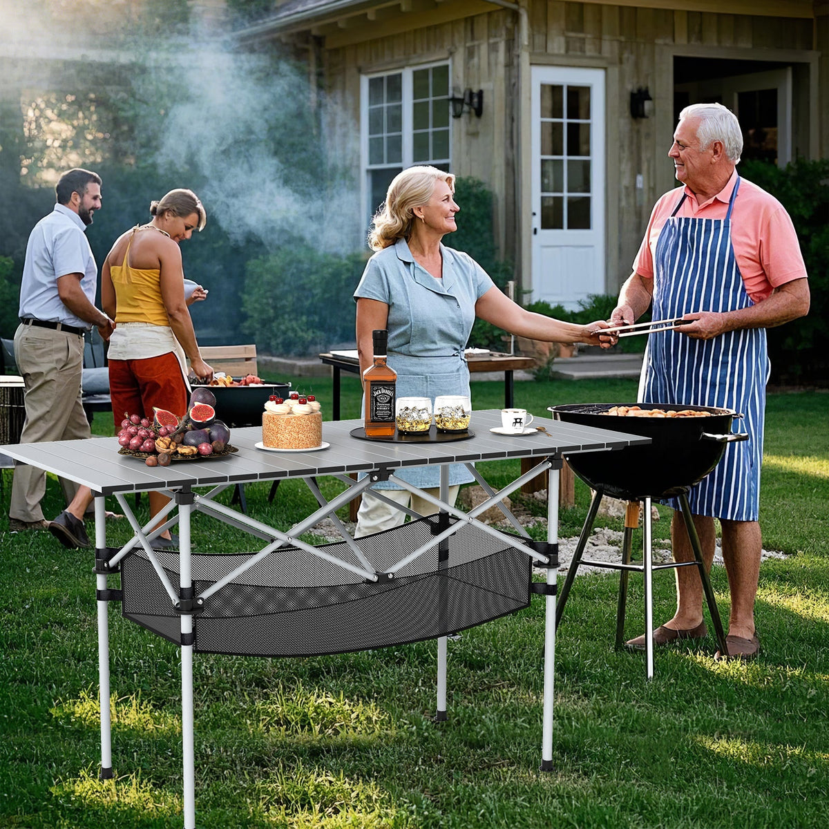 Patio Folding Camping Table Picnic Table with Aluminum Roll-up Tabletop-Black