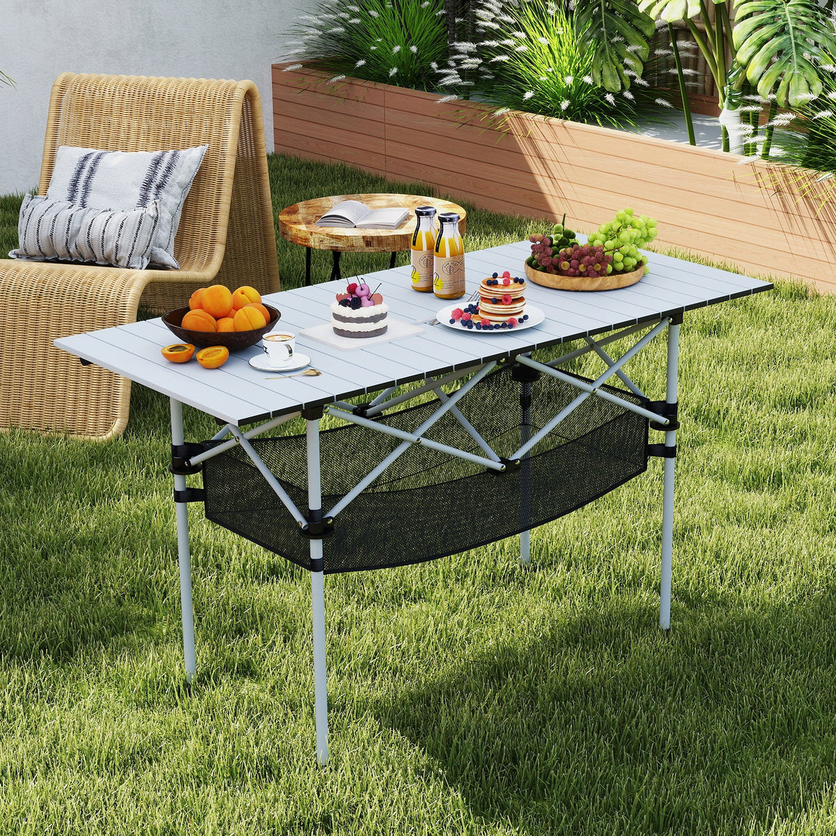 Patio Folding Camping Table Picnic Table with Aluminum Roll-up Tabletop-Black