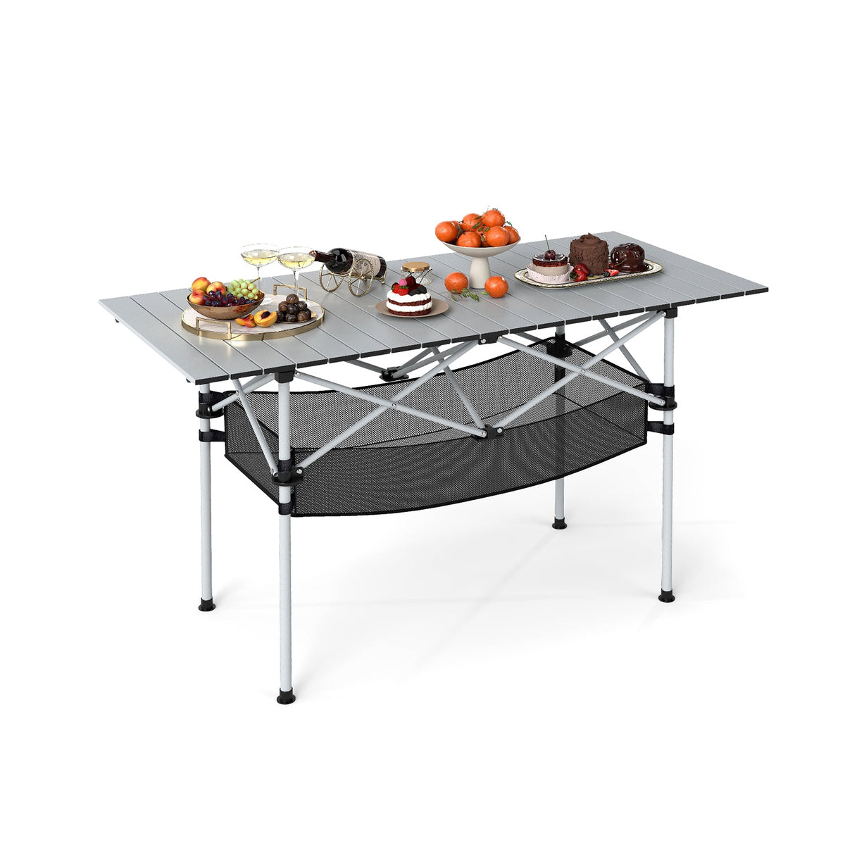 Patio Folding Camping Table Picnic Table with Aluminum Roll-up Tabletop-Black