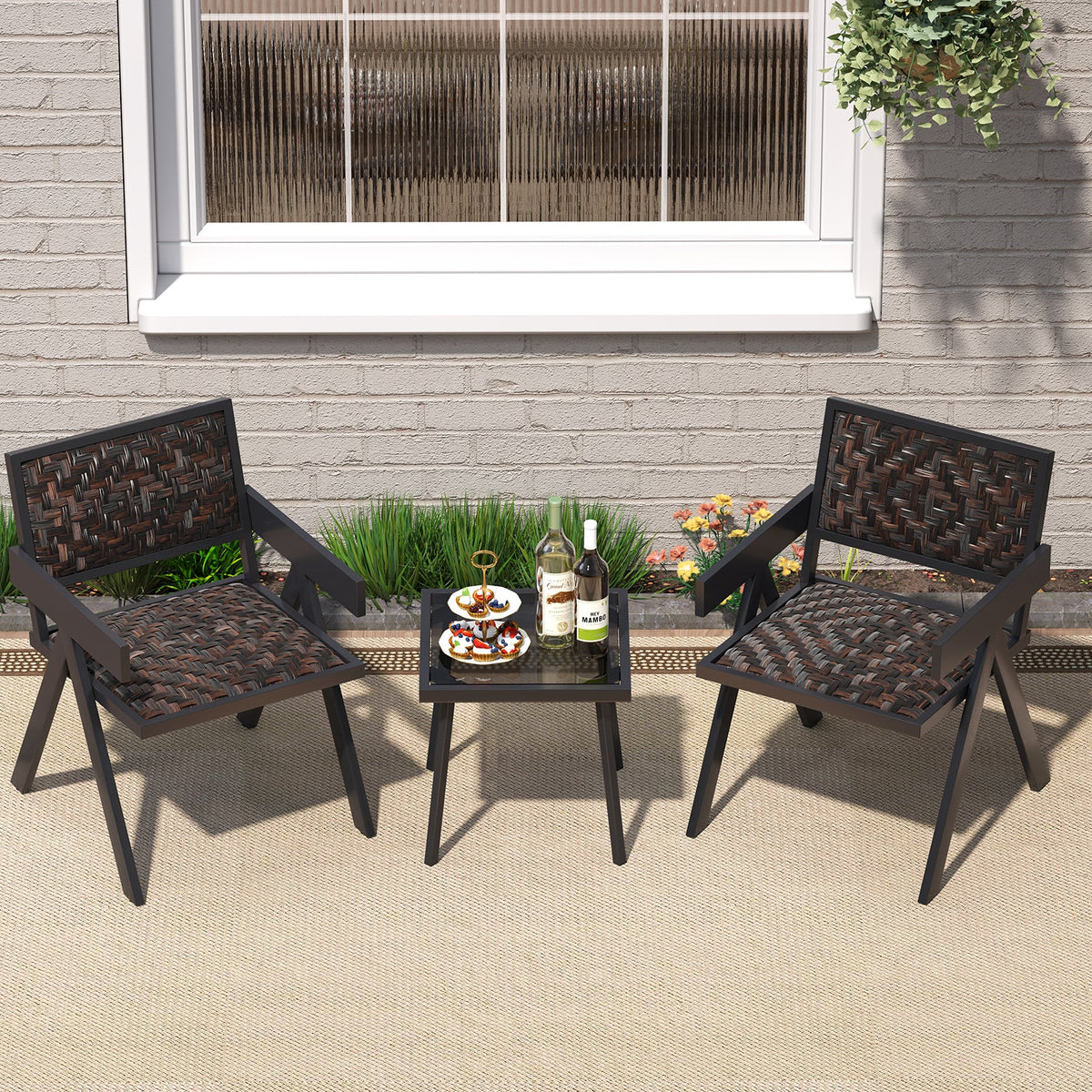 Patio Table and Chairs Set with Quick-Drying Foam for Porch and Balcony-Brown