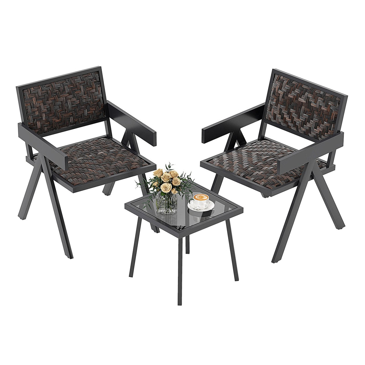 Patio Table and Chairs Set with Quick-Drying Foam for Porch and Balcony-Brown