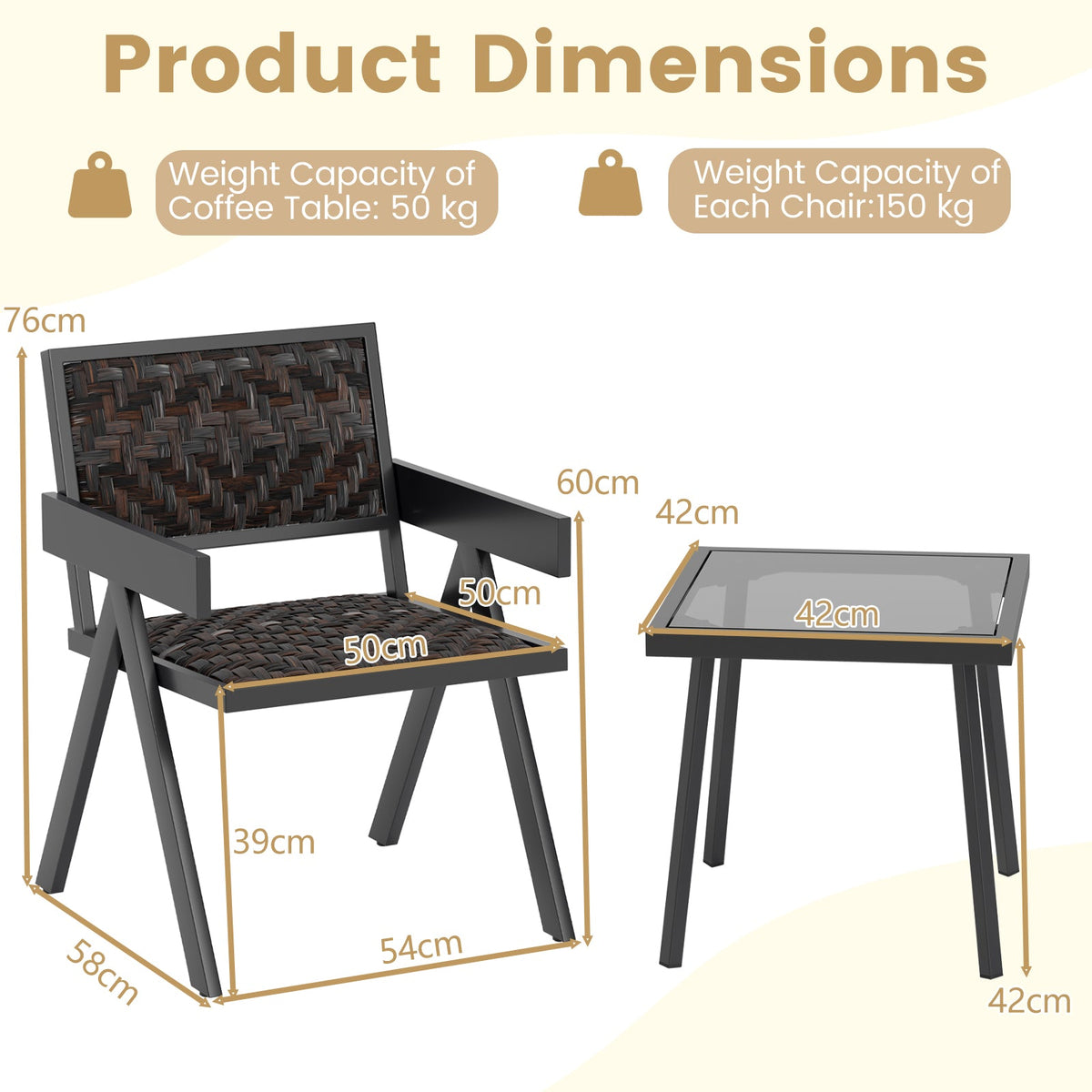 Patio Table and Chairs Set with Quick-Drying Foam for Porch and Balcony-Brown