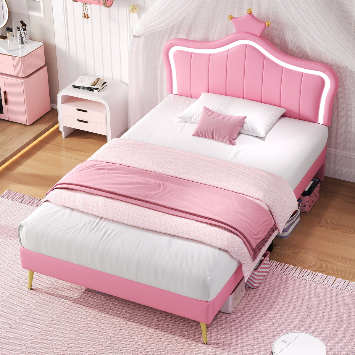 3ft Single Bed with LED Lights Princess Crown Headboard PU Leather Pink Girls