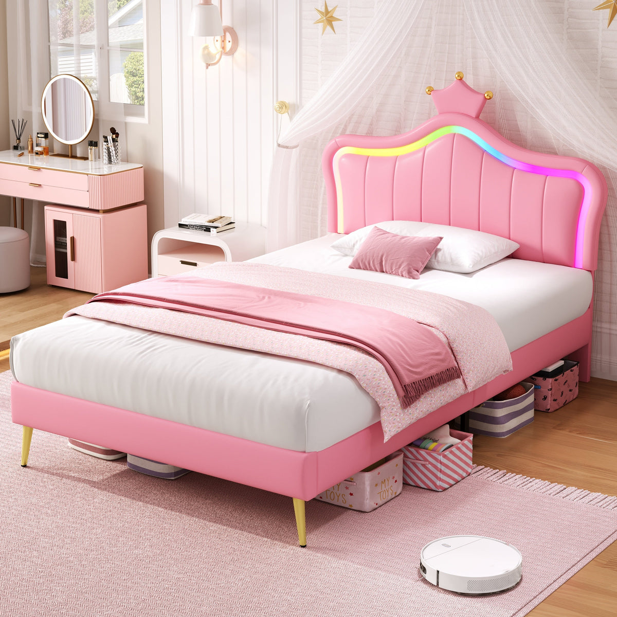 3ft Single Bed with LED Lights Princess Crown Headboard PU Leather Pink Girls