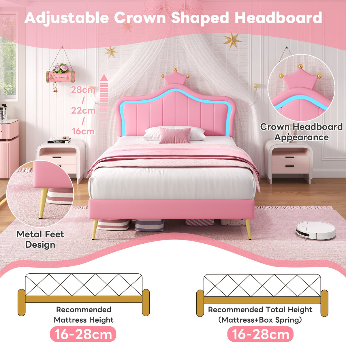 3ft Single Bed with LED Lights Princess Crown Headboard PU Leather Pink Girls