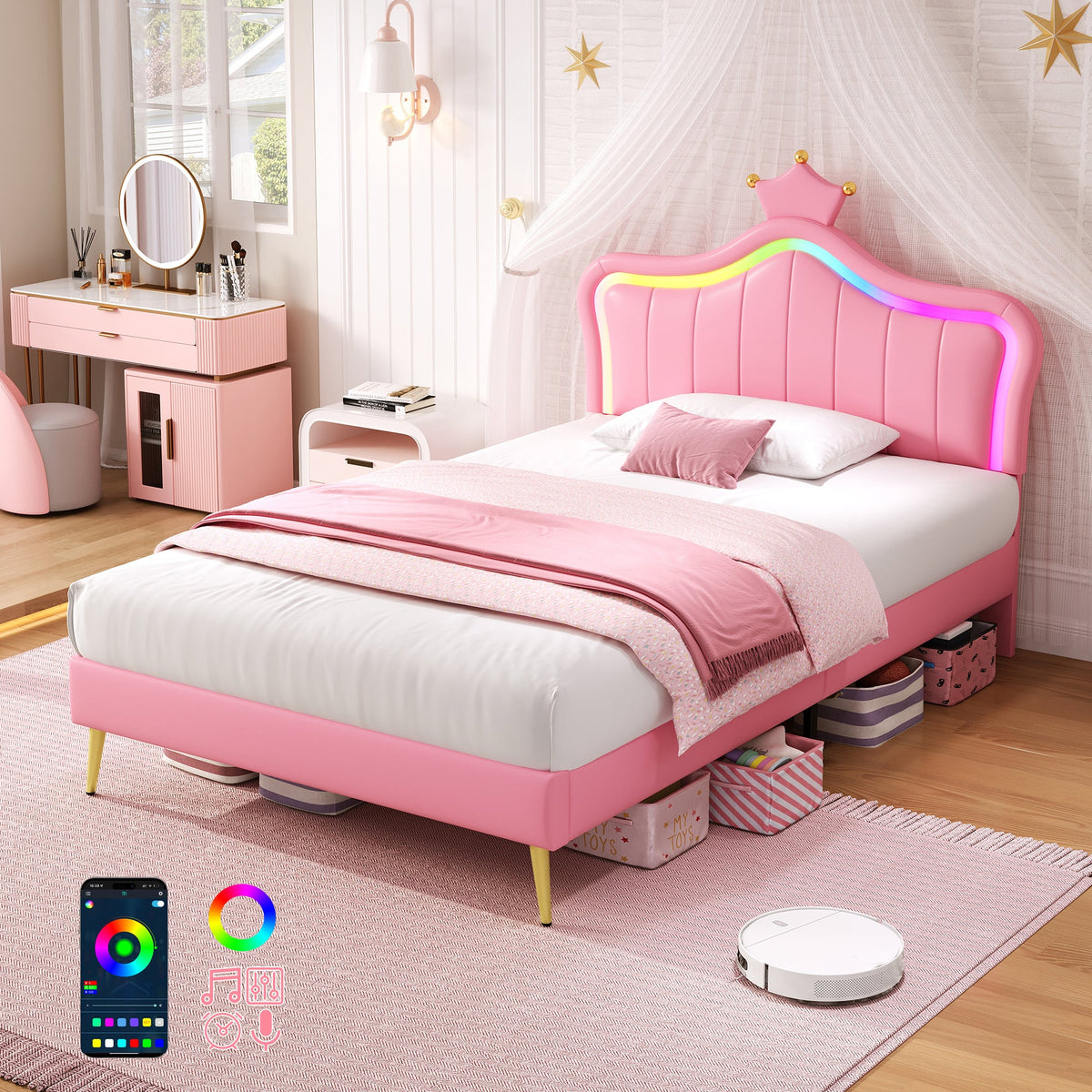3ft Single Bed with LED Lights Princess Crown Headboard PU Leather Pink Girls