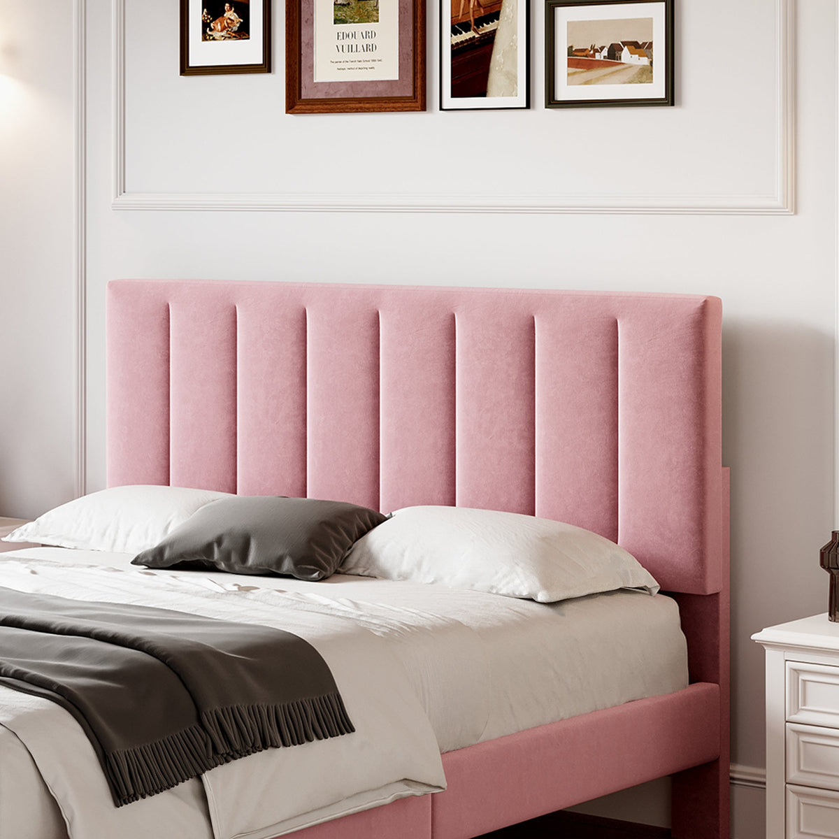 4ft6 Double Velvet Bed Frame Pink Adjustable Tufted Headboard Bedroom Furniture