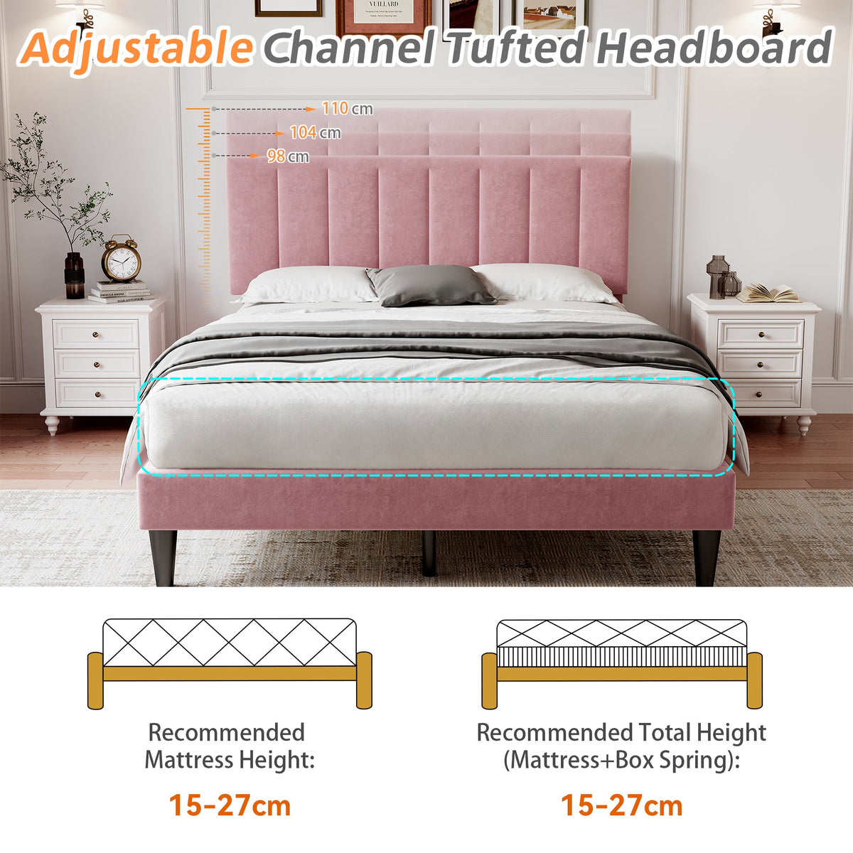 4ft6 Double Velvet Bed Frame Pink Adjustable Tufted Headboard Bedroom Furniture