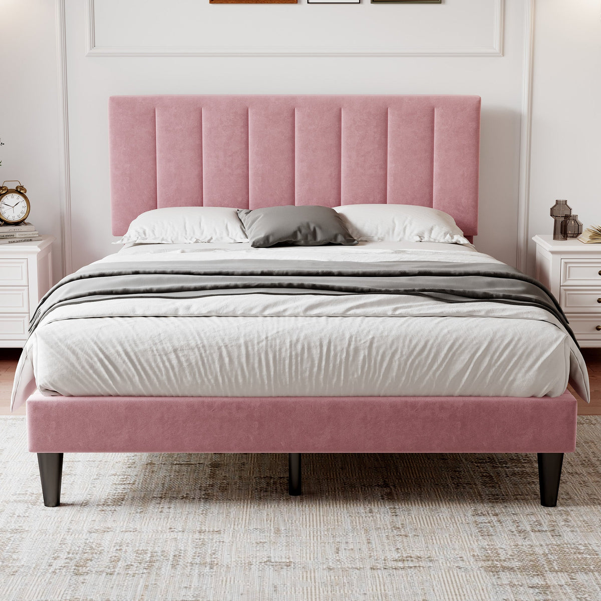 4ft6 Double Velvet Bed Frame Pink Adjustable Tufted Headboard Bedroom Furniture
