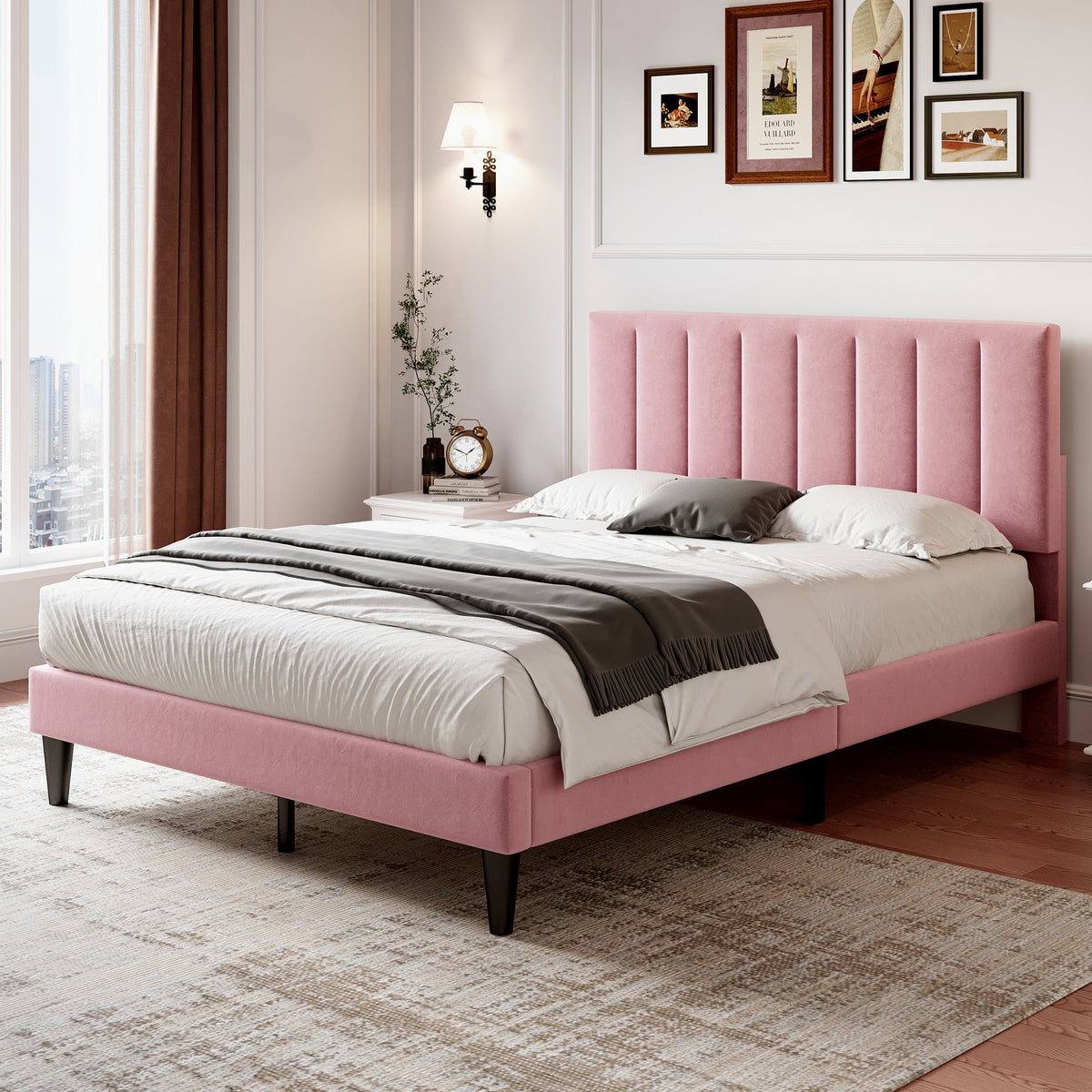 4ft6 Double Velvet Bed Frame Pink Adjustable Tufted Headboard Bedroom Furniture