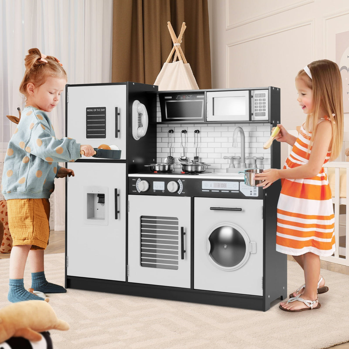 Play Kitchen Toy Set with Oven and Washing Machine for Aged 3+ Years Old-Black