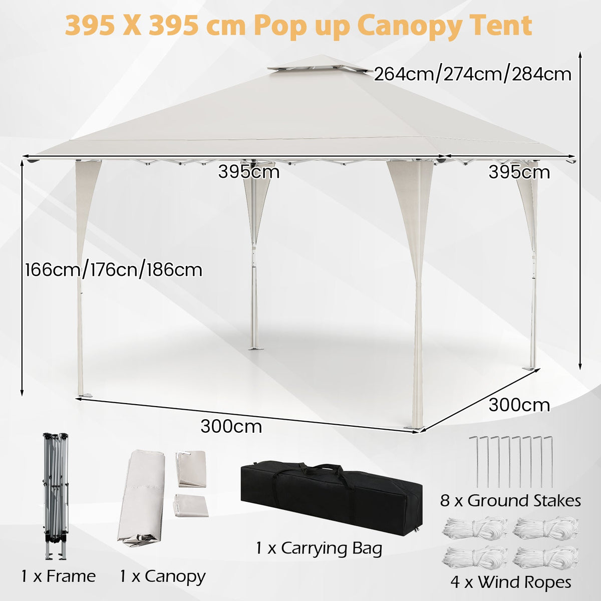395 x 395 cm Pop up Canopy Tent with Vented Top and 8 Drainage Holes-Beige