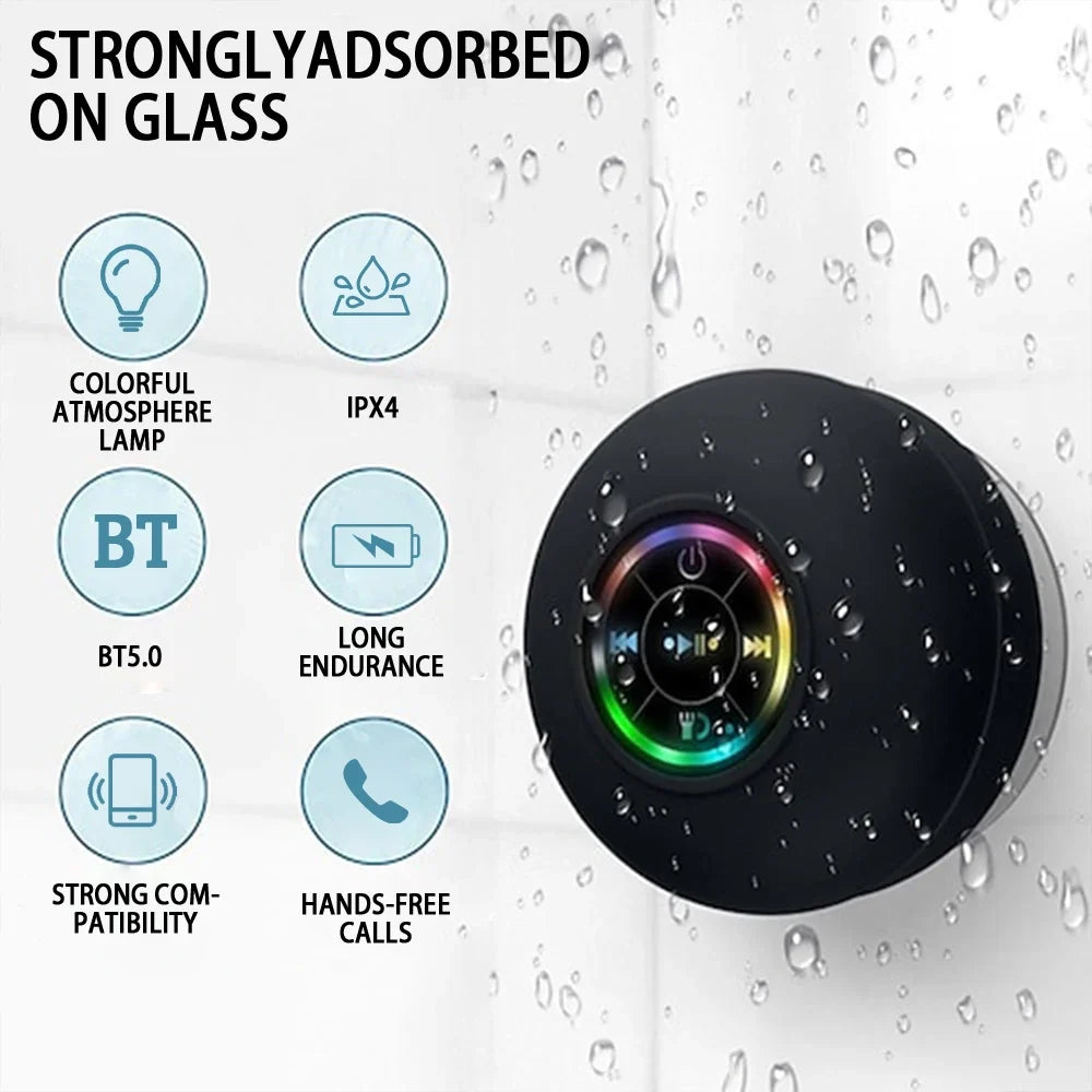 Portable Waterproof Bluetooth Speaker - LED, Suction Cup, Mini Wireless Shower & Outdoor Speaker
