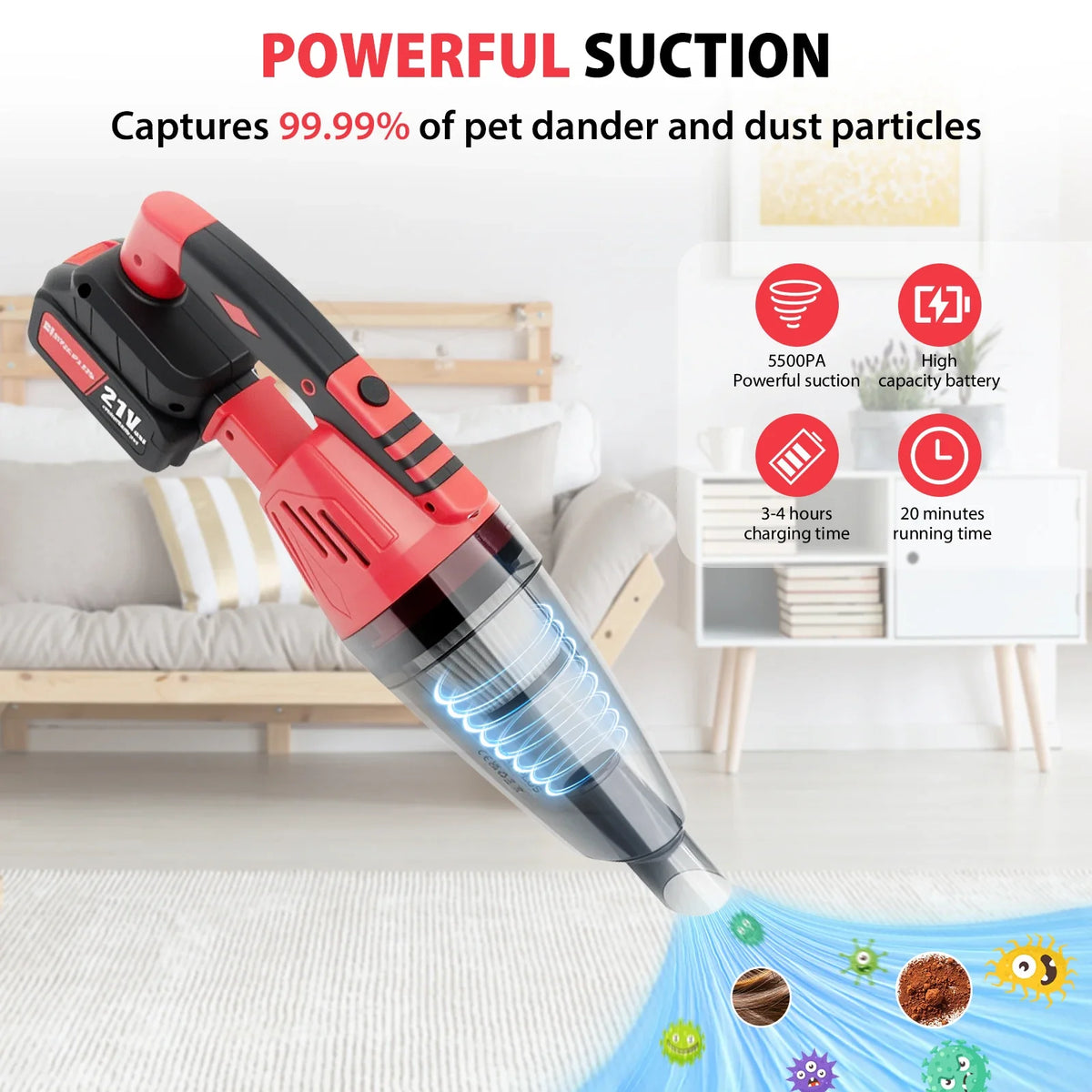 Powerful Cordless Vacuum Cleaner - Rechargeable Handheld Car Hoover High Suction