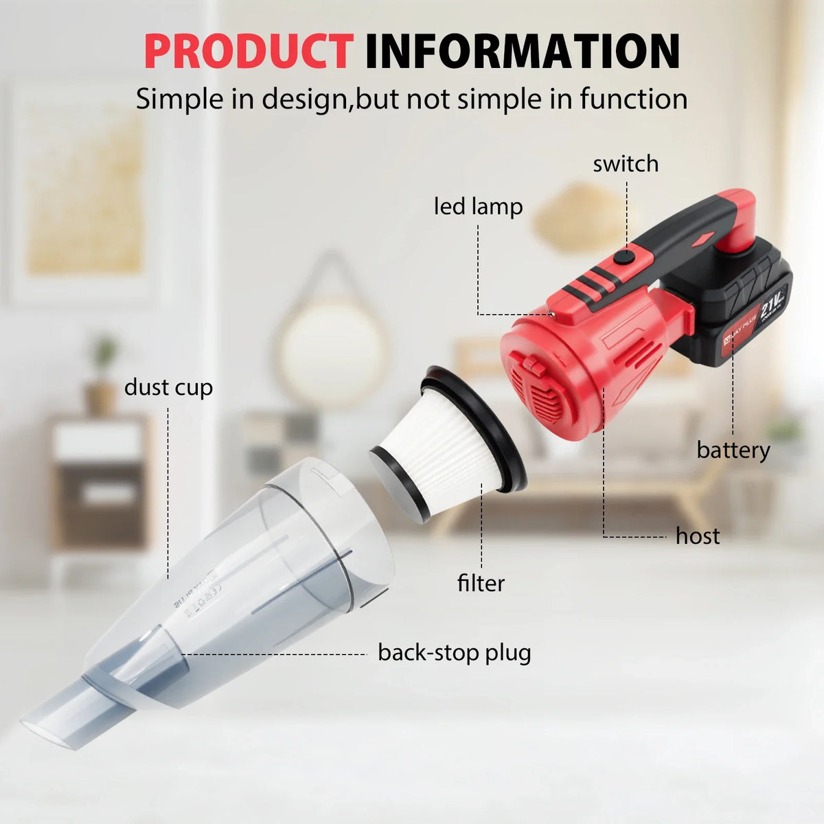 Powerful Cordless Vacuum Cleaner - Rechargeable Handheld Car Hoover High Suction