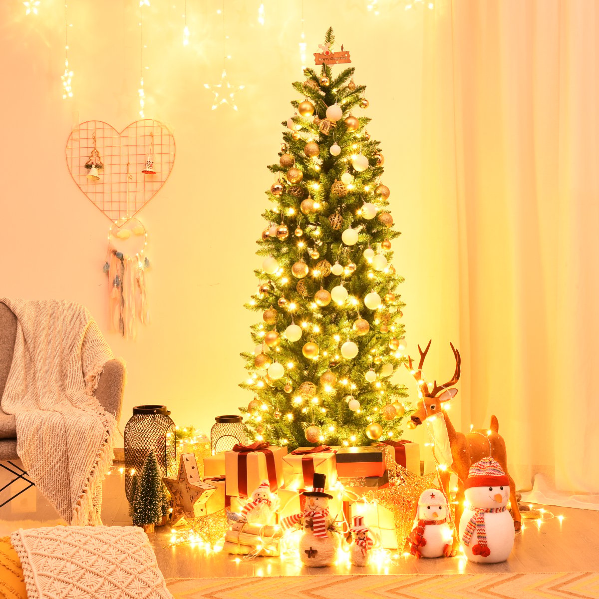 Pre-lit Artificial Pencil Christmas Tree with Warm White UL-listed Lights-6FT