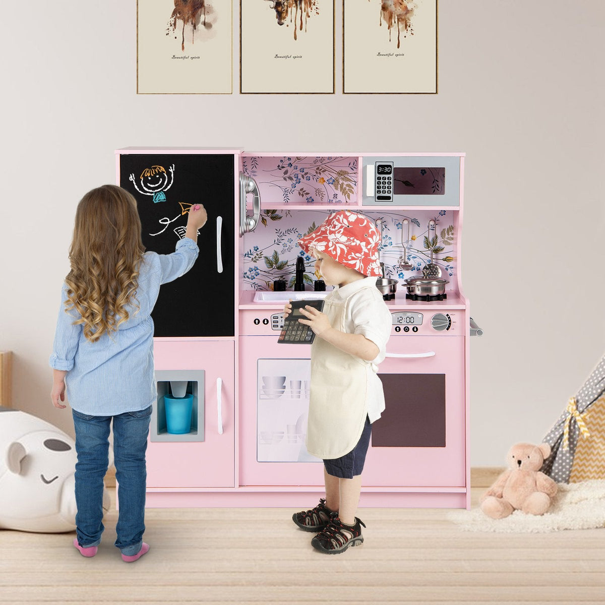 Toddler Pretend Kitchen Playset with Accessories and Simulated Sounds-Black