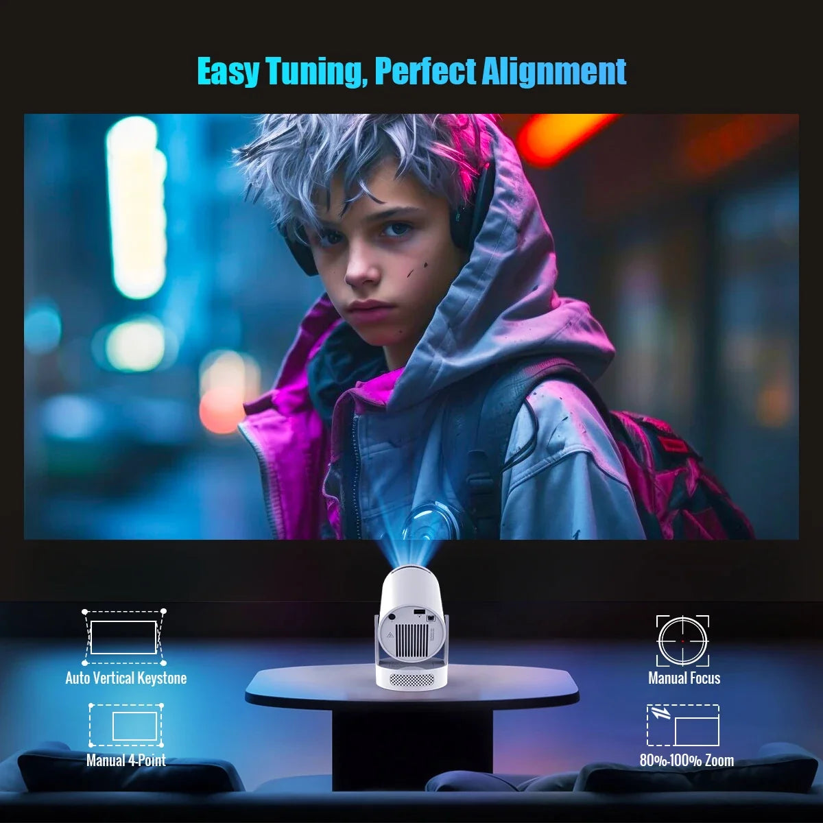 Pro 4K Android 11 Portable Projector - 180 Degree Flexible Mini Cinema Projector for Outdoor & Home