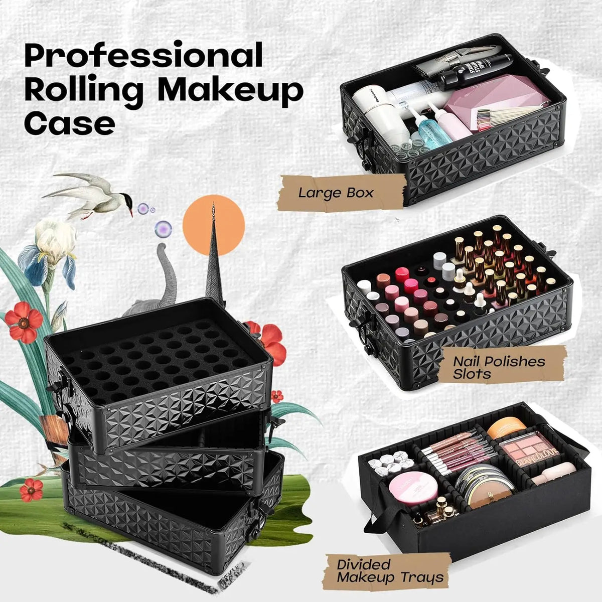Professional Makeup Trolley Case Wheels - Extra Large Rolling Cosmetic Organiser
