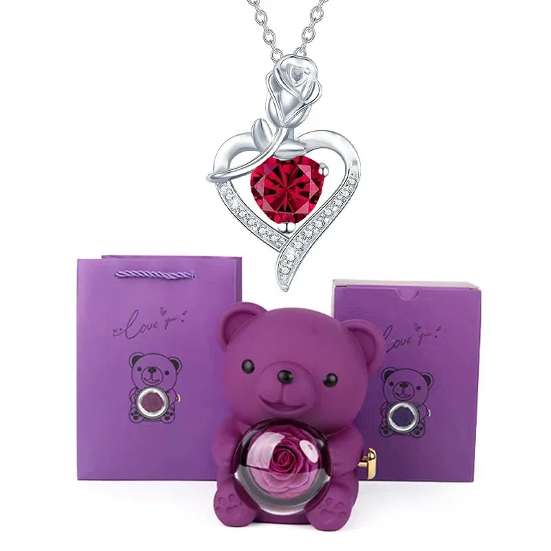 Heart Pendant Necklace Cute Purple Bear Rose Gift Box Jewellery Valentines Day