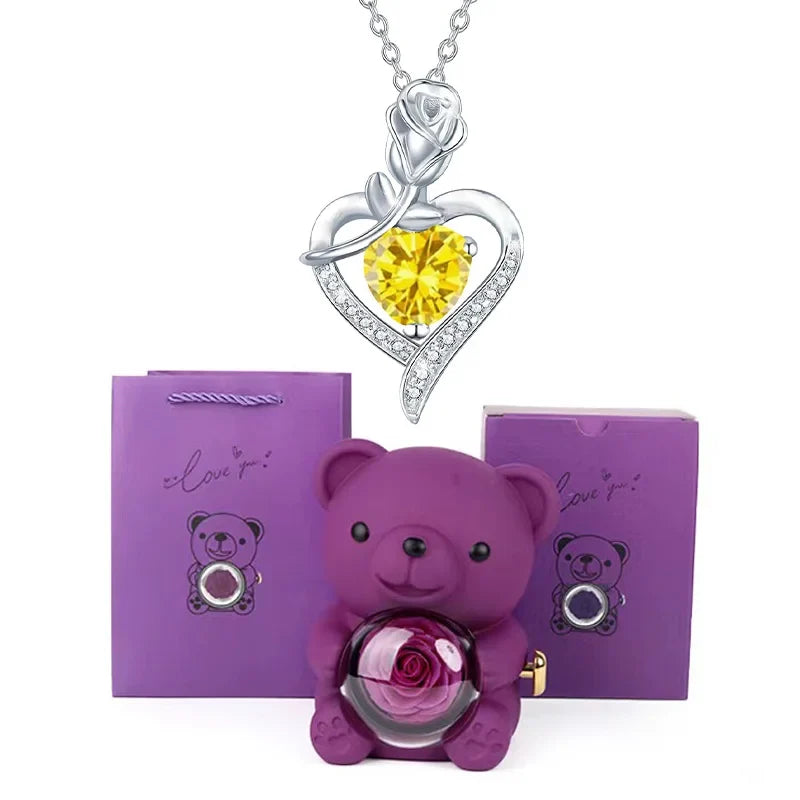Heart Pendant Necklace Cute Purple Bear Rose Gift Box Jewellery Valentines Day