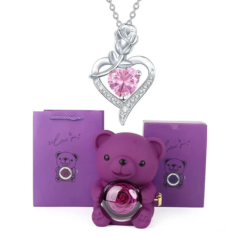 Heart Pendant Necklace Cute Purple Bear Rose Gift Box Jewellery Valentines Day