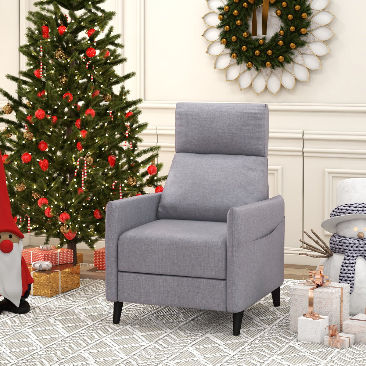 Linen Fabric Push Back Recliner Armchair with Adjustable Backrest and Footrest-Grey