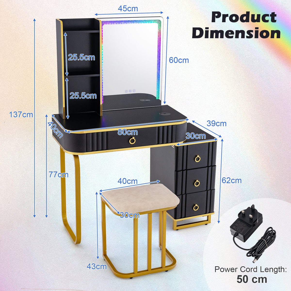 RGB LED Vanity Set with Mirror and Lights-Black