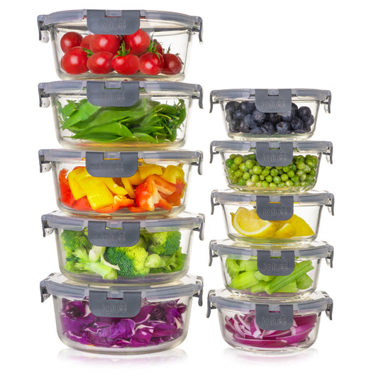 Round Glass Food Storage Containers with Airtight Lids | 950ml & 400ml | 10-Pack