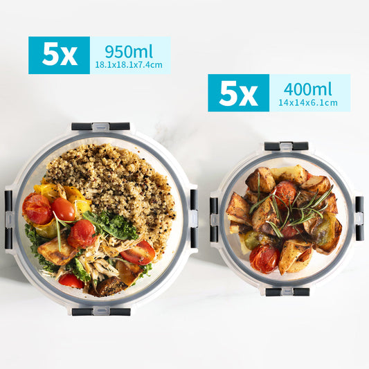 Round Glass Food Storage Containers with Airtight Lids | 950ml & 400ml | 10-Pack