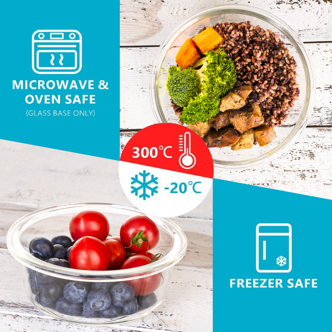 Round Glass Food Storage Containers with Airtight Lids | 950ml & 400ml | 10-Pack