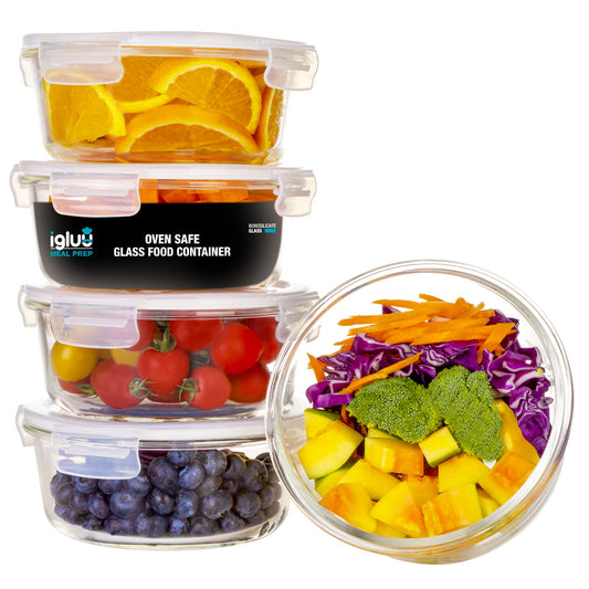 Round Glass Meal Prep Containers with Steam Vent Lid | 950ml | 5 Pack + Extra Lid