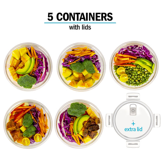 Round Glass Meal Prep Containers with Steam Vent Lid | 950ml | 5 Pack + Extra Lid
