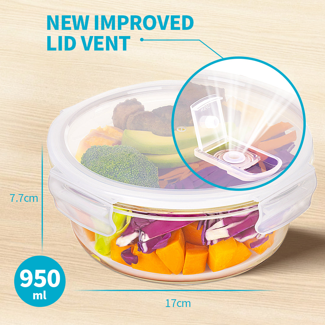 Round Glass Meal Prep Containers with Steam Vent Lid | 950ml | 5 Pack + Extra Lid