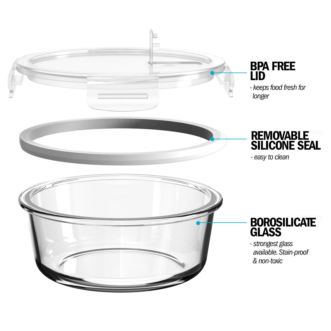 Round Glass Meal Prep Containers with Steam Vent Lid | 950ml | 5 Pack + Extra Lid